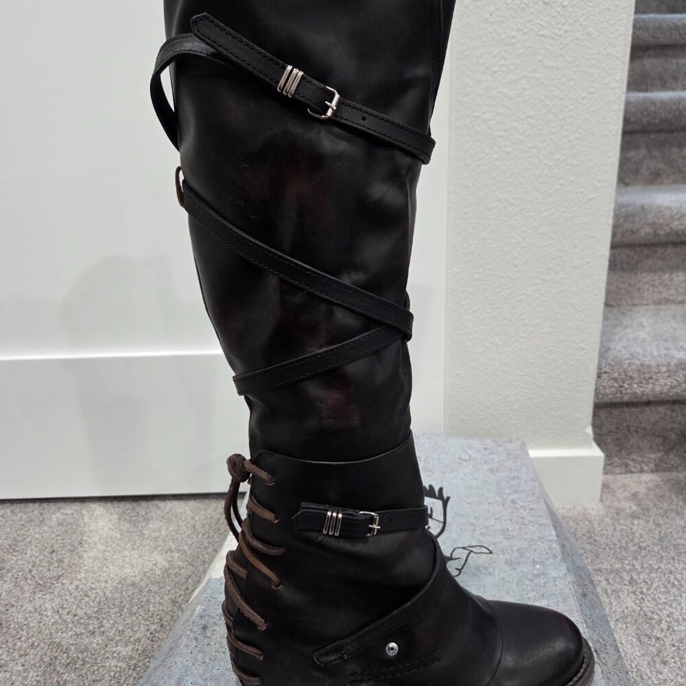 *EUC* Black Freebird by Steven Cassius Knee High Distressed Boots, Size 10